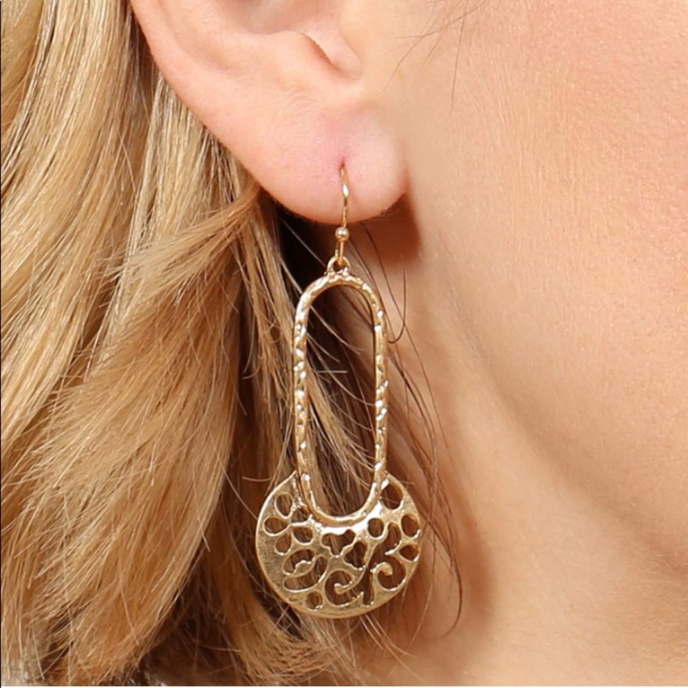 Gold Moroccan Filigree Geometric Dangle Hook Earrings - Bohemian Flower Petal